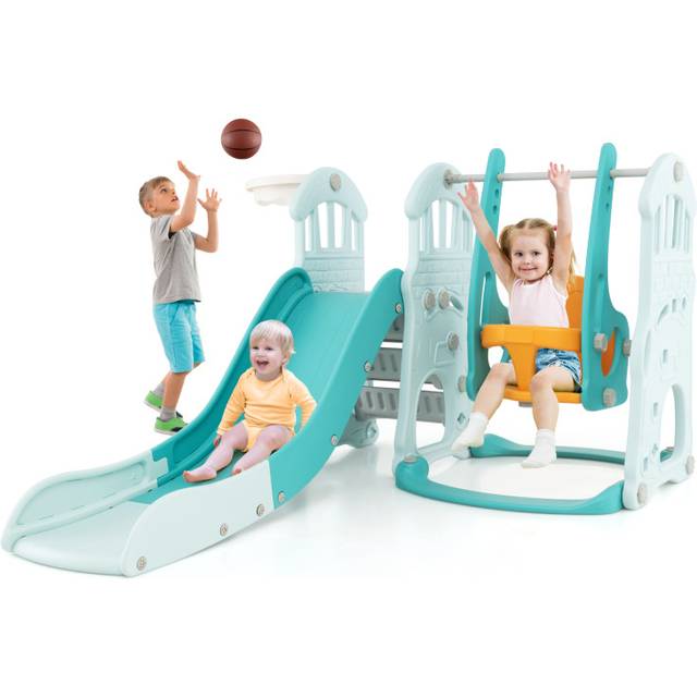 4-in-1 Toddler Slide and Swing Set with Foldable Extra-long Slide-Green