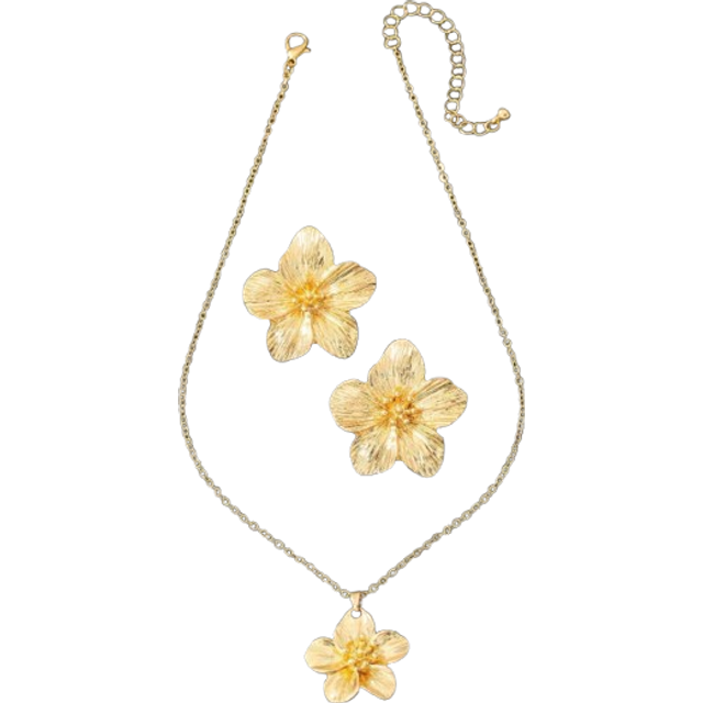 SHEIN 1pc Gold-Tone Floral Pendant Necklace & 1 Pair Earrings Jewelry Set For Women
