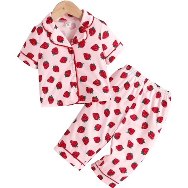 SHEIN 2pcs/Set Baby Girl Strawberry Pattern Shirt & Straight Pants Set, Casual Pajamas For Spring & Autumn