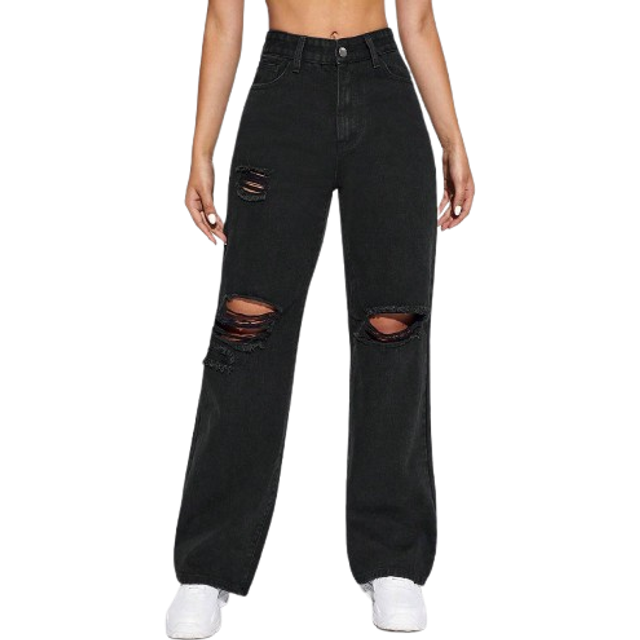SHEIN Women&#39;s Boyfriend Loose Straight Ripped Pockets Casual Jeans