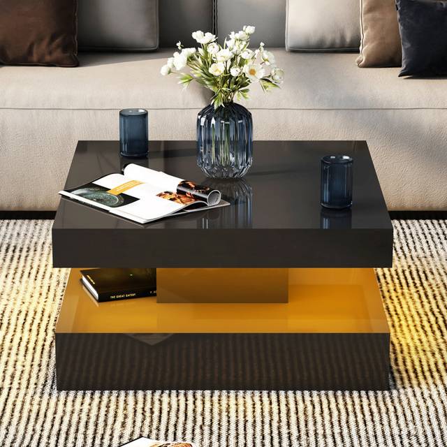 Charvez Solid Coffee Table with 16 Colors LED Lights, 78 x 78 cm - High Gloss Black (40cm H x 78cm W x 78cm D)