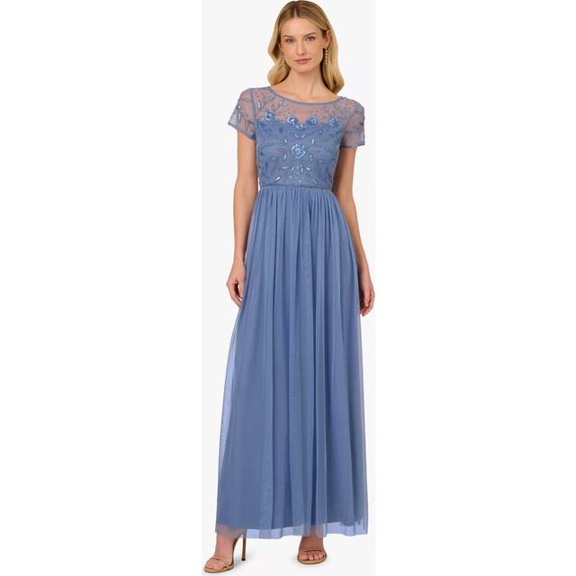 Adrianna Papell Studio Beaded Mesh Shirred Maxi Dress, Light Blue