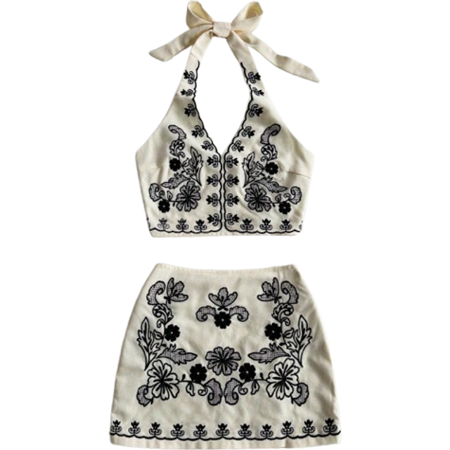 Soleia Ladies Vacation Apricot Base Black Flower Embroidered Halter Neck Bowknot Crop Top And A-Line Mini Skirt Set,Women Set,Christmas Women Clothes,Beach V