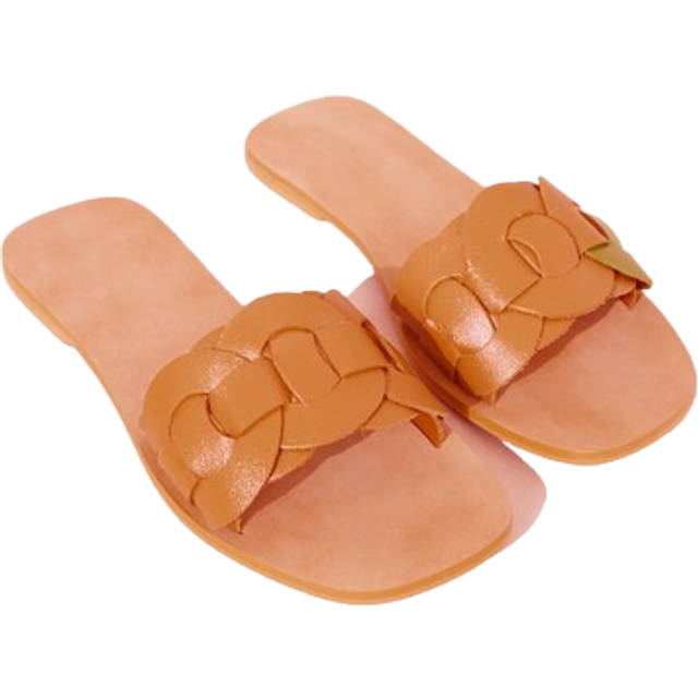 Tan Wide Fit Real Leather Round Toe Woven Thick Leather Strap Sandals, Brown - 3