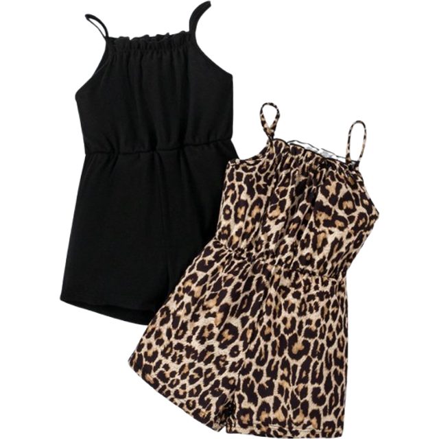 Ung flicka Leopardtryck Elastisk Linning Romper Med Justerbara remmar - Aprikos (6Y,7Y,4Y,5Y)
