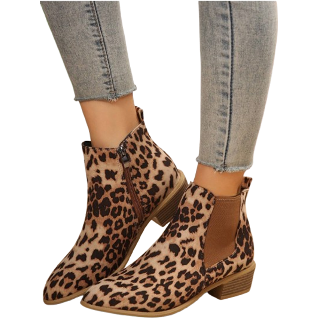 SHEIN Women&#39;s Fashion Leopard Print Pointed Toe Chunky Heel Side Zipper Ankle Boots, Match With Sweater