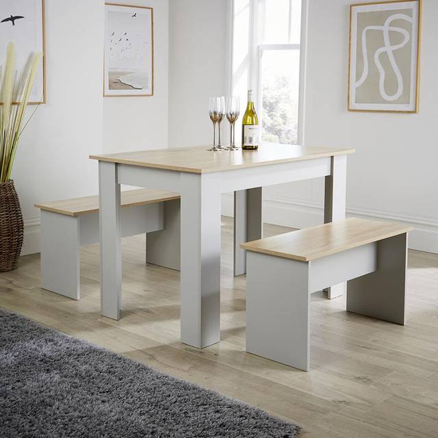 Marlow Home Co. Dining Set Grey Table Benches Wooden Unit Kitchen Furniture Seats 4 Two Tone White 4