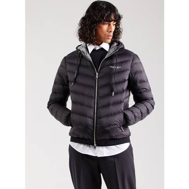 Hooded Woven Down Jacket - Black/Melange Grey - S
