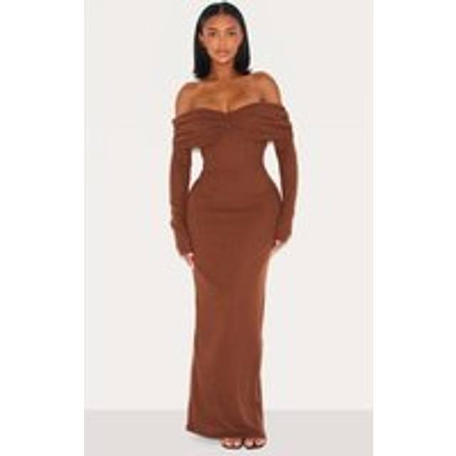 Shape Chocolate Brushed Rib Ruched Fold Over Bardot Maxi Dress, Chocolate - 16