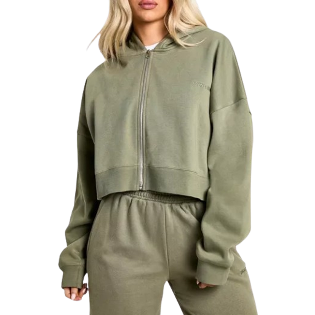 Womens Dsgn Studio Embroidered Boxy Crop Zip Through Hoodie - Green - M, Green