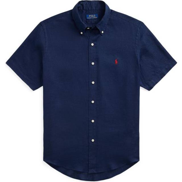 Linen Short Sleeve Shirt - Navy Blue - M