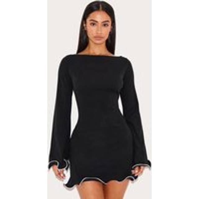 Petite Black Contrast Detail Ribbed Mini Dress, Black - S