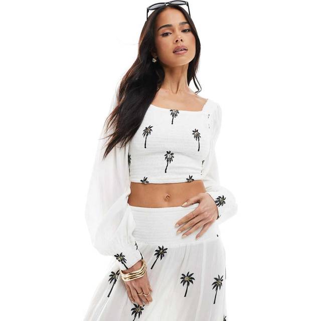South Beach Embroidered Shirred Long sleeve Top White 12