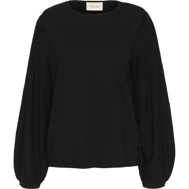 Cream, Round-neck Knitwear, female, Black, S, Black Knit Blouse with Puff Sleeves
