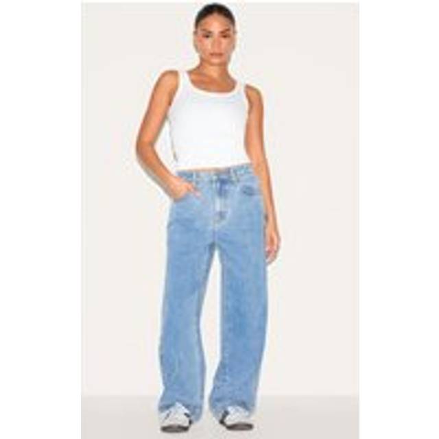 PRETTYLITTLETHING Petite Mid Blue Wash High Waist Boyfriend Jeans, Mid Blue Wash - 2