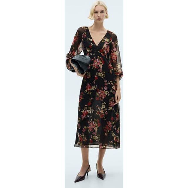 Mango Savage Floral Long Puff Sleeve Midi Dress
