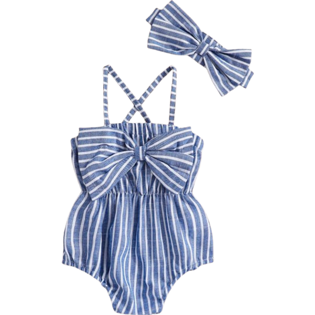 SHEIN 2pcs/Set Fashionable And Cute Striped Bodysuit With Bowknot And Headband For Baby Girls&#39; Summer Party