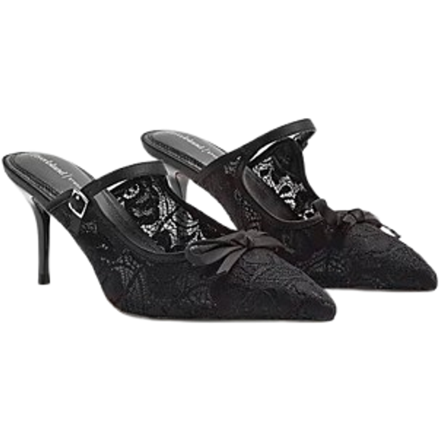 River Island Womens Black Lace Pointed Bow Heel Mule Shoes - 5