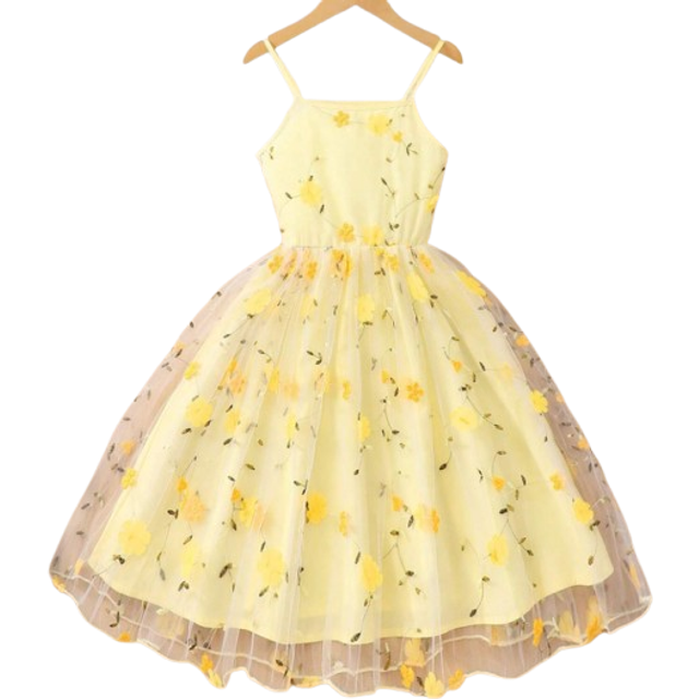 SHEIN Tween Girls&#39; Floral Embroidery Tulle Hem Sweet Sleeveless Dress