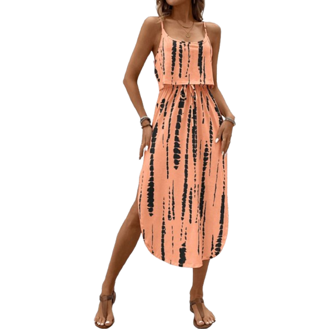 SHEIN Women&#39;s Tie-Dye Sleeveless Midi Dress With Waist Cinching And Slit, Summer,Summer Dresses For Women