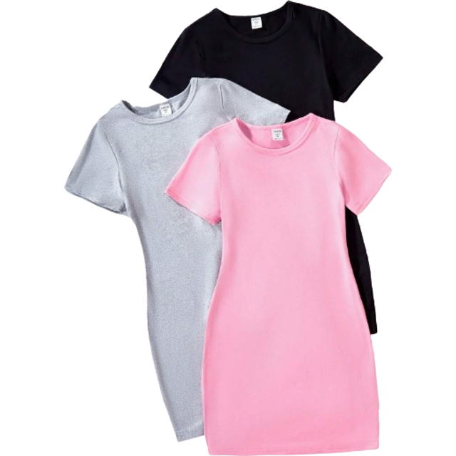 SHEIN Tween Girl Round Neck Solid Color Casual Short Sleeve Dress, Simple Everyday Wear