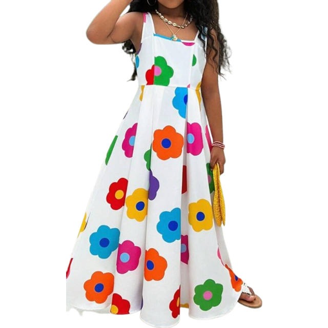 SHEIN SLAYR KIDS Tween Girls Casual Street Chic White Floral Print Maxi Slip Dress