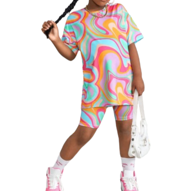 SHEIN SLAYR KIDS Tween Girls&#39; Casual Knit Crew Neck Short Sleeve Top And Shorts 2-Piece Set, Spring/Summer