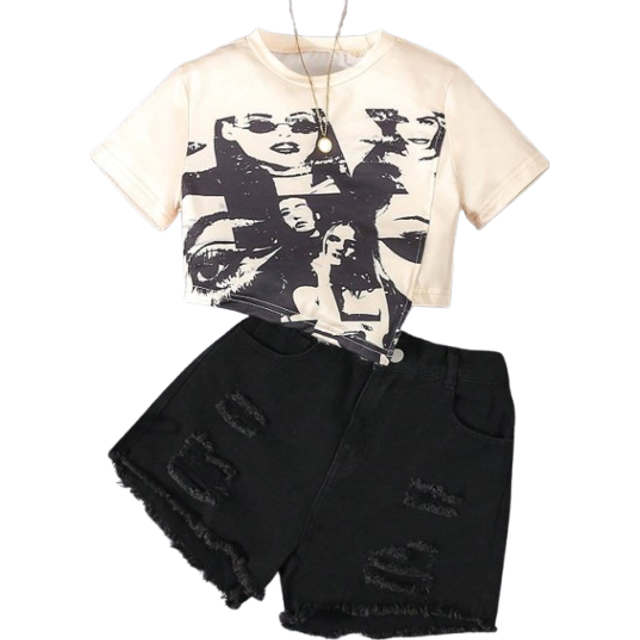SHEIN Tween Girls&#39; Casual Comfortable White Printed Top And Black Ripped Shorts Set