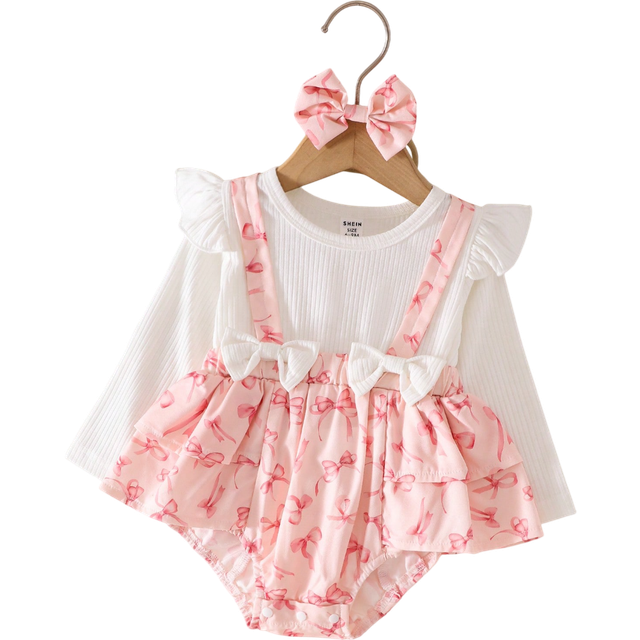 Souflis Baby Girl Casual Cute Ruffled Collar Long Sleeve White Rib-Knit Patchwork Butterfly Print Romper With Adorable Headband