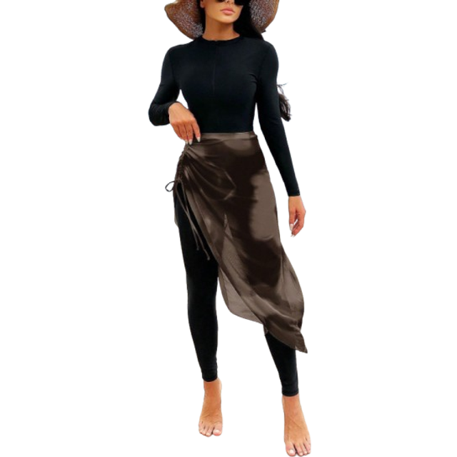 Swim Shayni 1set Women Plain Crew Neck Long Sleeve Fitted Swimsuit And Skirt Casual Matching Set Summer Arabic Clothing