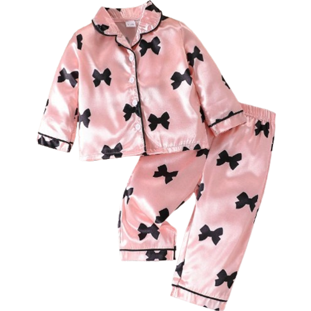 SHEIN Baby Girl Bow Print Contrast Piping Satin PJ Set