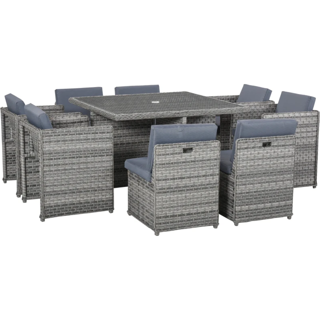 Outsunny 9 Pieces PE Rattan Cube Garden Furniture Set with Cushions - Outdoor Dining Table Set with 4 Armchair - 4 Single Seat - and Glass Top Table w