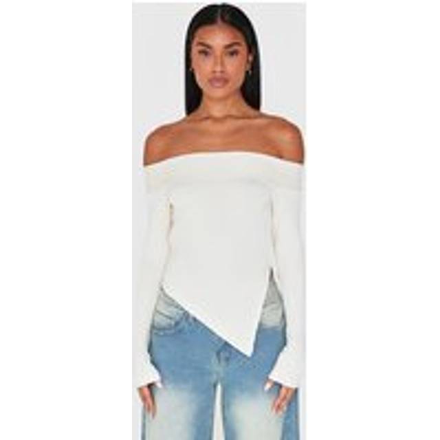 Cream Premium Soft Touch Fold Bardot Asymmetric Top, White - 4