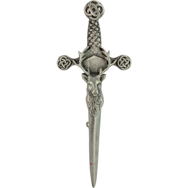 (Antique Silver) Mens Kilt Pin Stag On Claymore Sword Pewter Made In Scotland