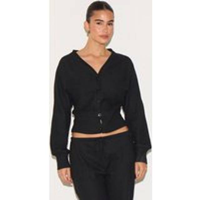 Black Soft Ribbed Button Up Cardigan, Black - 14
