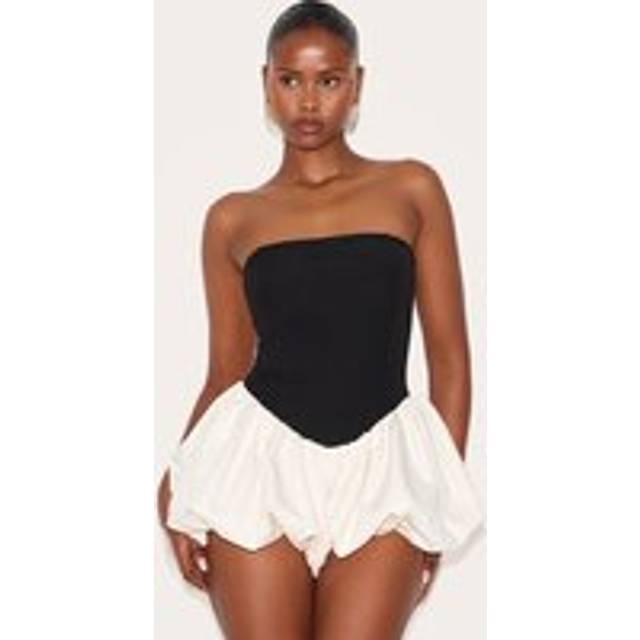Black Contrast Woven Bandeau Puffball Playsuit, Black - 14