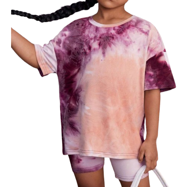 SHEIN Young Girl Tie Dye Drop Shoulder Tee & Cycling Shorts