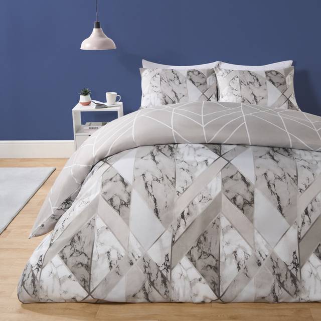 OHS Abstract Geometric Marble Print Duvet Cover Set, Grey - King