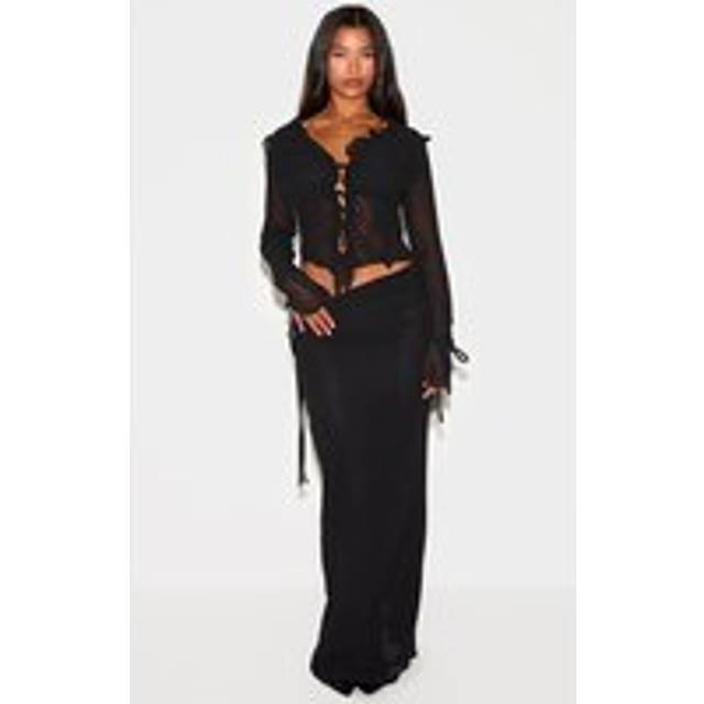 Black Ruched Chiffon Maxi Skirt, Black - 12