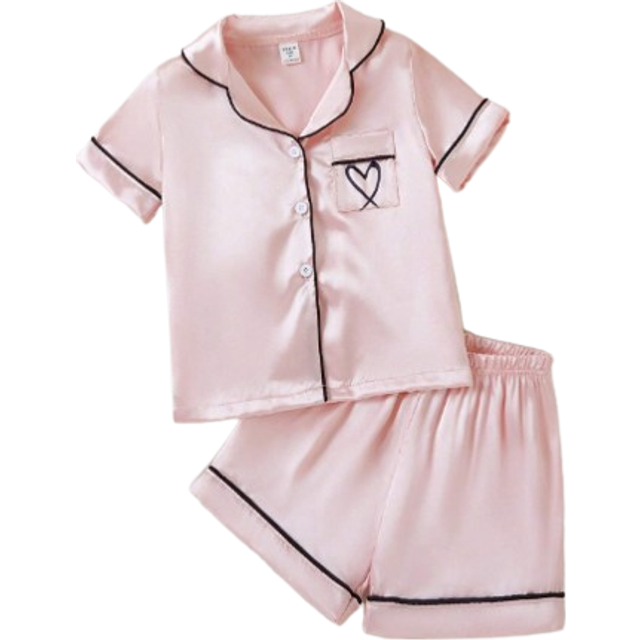 SHEIN 2pcs Young Girl Pink Textured Fabric Short Sleeve Cardigan With Heart Print And Shorts Casual Pajamas Set,Summer,Travel