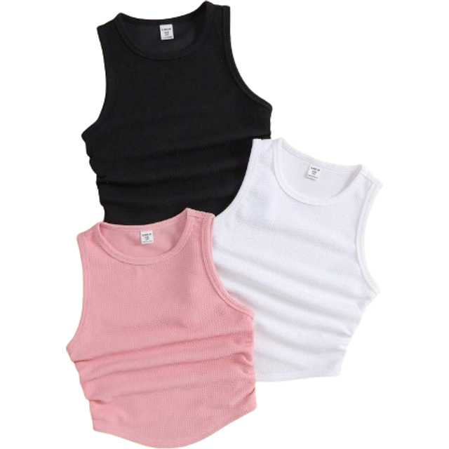 SHEIN 3pcs Knitted Solid Color Stand Collar Tank Top Outfit Set For Tween Girls