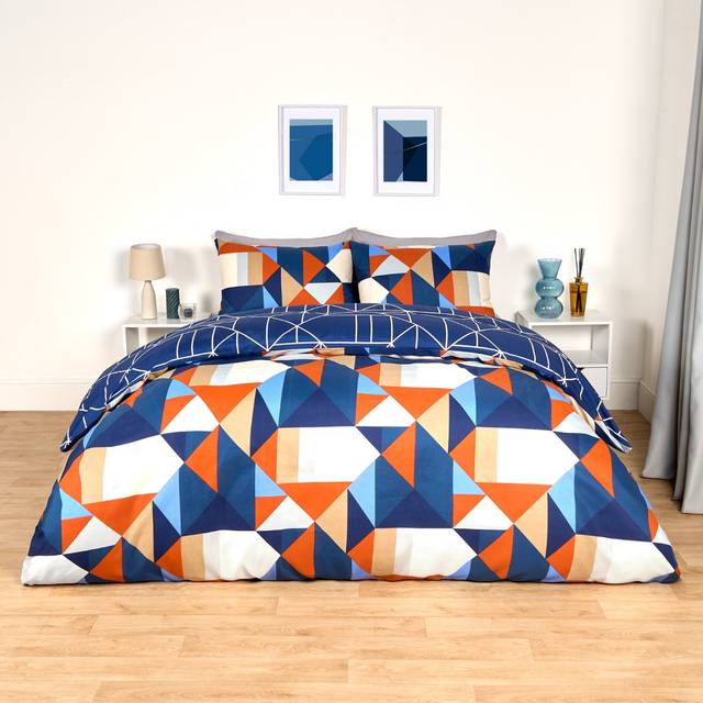 OHS Mason Retro Geometric Reversible Duvet Cover Set, Navy/Rust - Superking - Orange