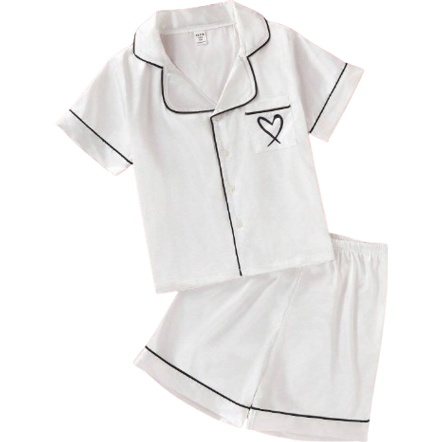 SHEIN Tween Girl Green Heart Short Sleeve T-Shirt And Shorts 2 Piece Set , Home Wear