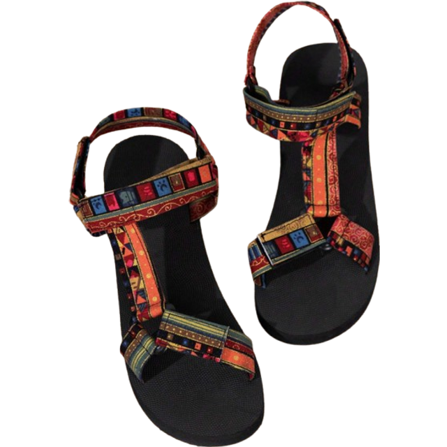 SHEIN Women&#39;s Fashion Printed Flat Sandals, Thick Sole Hook-And-Loop Open Toe Outdoor Beach Sandals, Soft Bottom Comfortable Fishmouth Breathable Sport Sand
