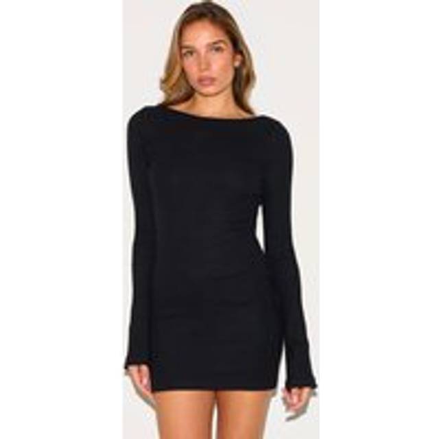 Black Heavy Brushed Rib Flared Sleeve Shift Dress, Black - 12