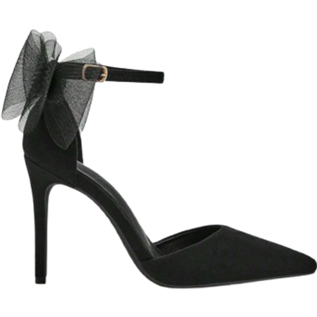 Cuccoo Women Bow Decor Point Toe Stiletto Heeled Pumps, Elegant Black Faux Suede Ankle Strap Pumps For Outdoor For Summer Graduation Heels Prom Heels Vacatio