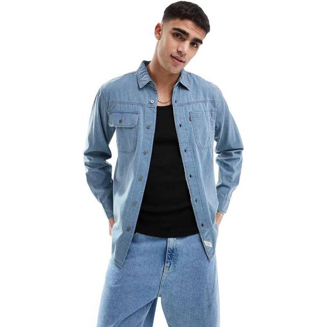 Levi's – Auburn – Mellanblå, randig arbetsskjorta i bomull och twill