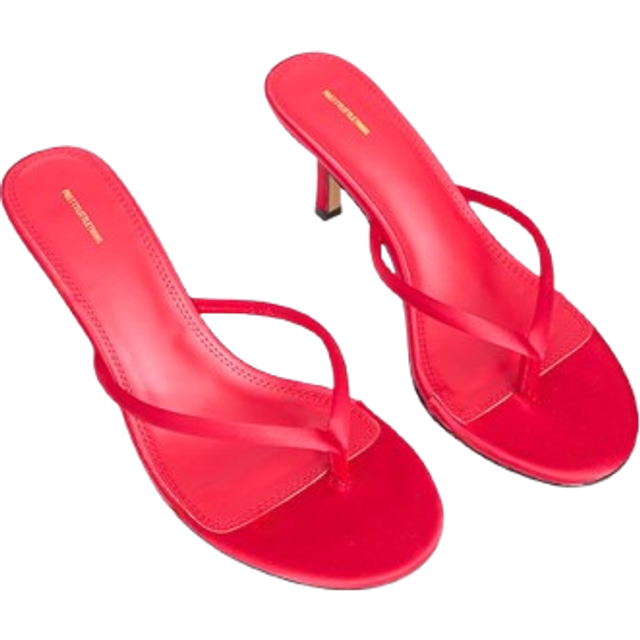 Red Satin Toe Thong Round Toe Mid Heeled Mules, Red - 5