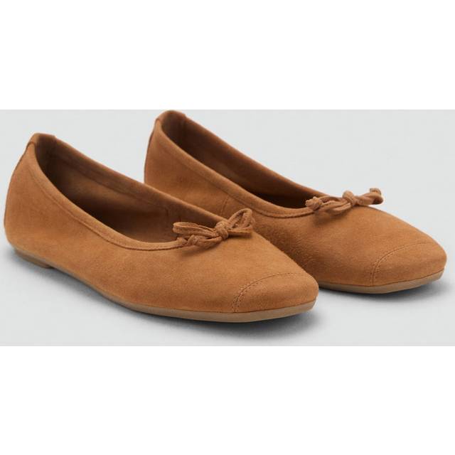 Mango Cora Suede Round Toe Ballet Flat Shoes, Tan