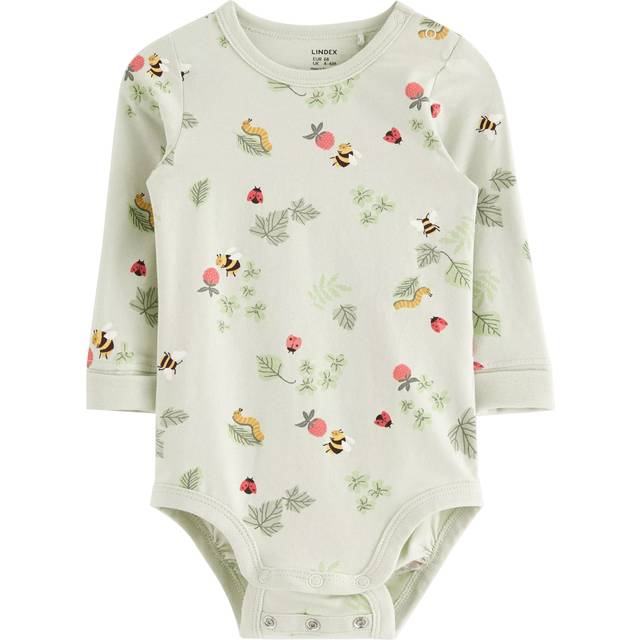 Lindex Baby Long Sleeve Summer Woodland Bodysuit, Light Dusty Green